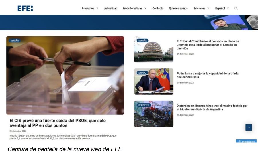 Captura de pantalla de la nueva web de EFE