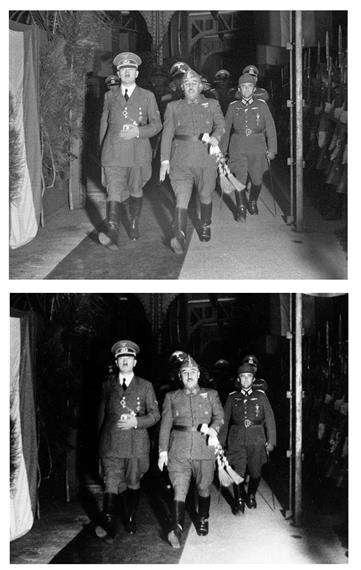 Dos fotografías trucadas de la famosa entrevista entre el general Franco y Adolf Hitler en la localidad francesa de Hendaya (fronteriza con España), en 1940, han sido encontradas en el Archivo Fotográfico Histórico de la Agencia EFE durante el actual proceso de recuperación y digitalización. Abajo, fotografía difundida en España por la Agencia Efe de la entrevista de Francisco Franco con Adolf Hitler en Hendaya (Francia), el 23 de octubre de 1940, en la que el jefe de Estado español aparece con los ojos abiertos. En la foto obtenida del negativo (arriba), Franco aparece con los ojos cerrados, y en la que se difundió tiene los ojos abiertos, al haberse pegado otra imagen de su rostro sobre la original. EFE/