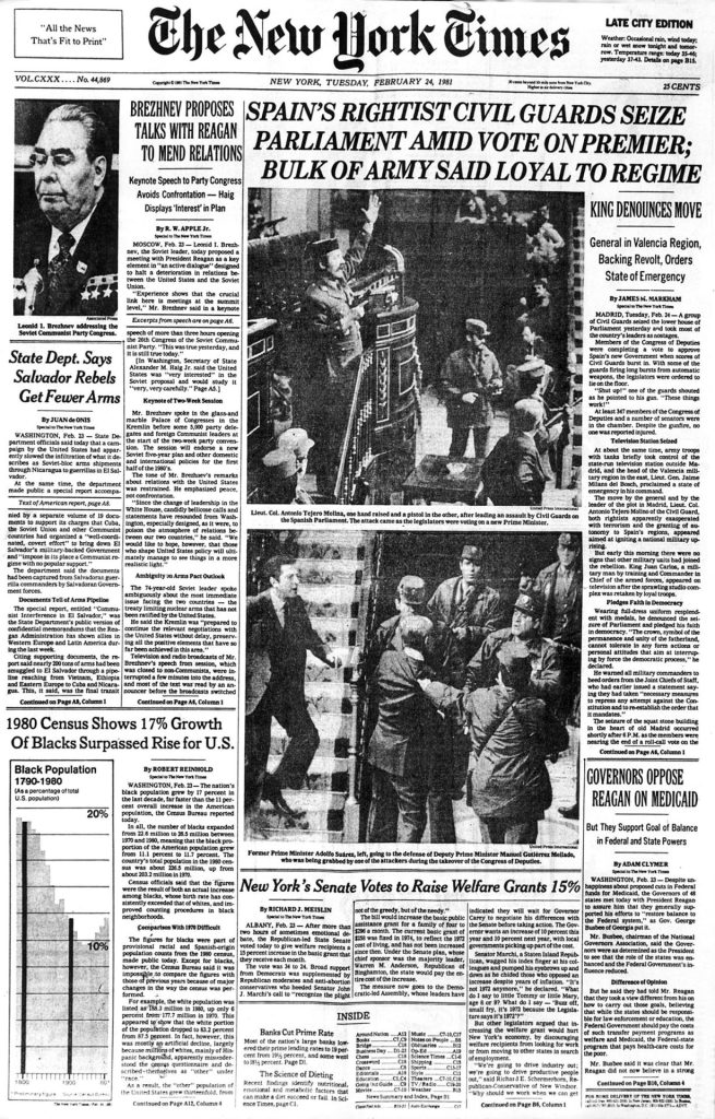 Madrid 24-2-1981.- Portada del periódico estadounidense "The New York Times" en el que informa del Golpe de Estado en España. En la tarde del 23 de Febrero un grupo de 288 efectivos, con el teniente Coronel Antonio Tejero Molina al mando, ocupan el hemiciclo del Parlamento durante la sesión que debería votar la investidura de Calvo Sotelo. Después de mantener durante toda la noche retenidos a los Diputados, a las 12:27 de la mañana el coronel se entrega al general Aramburu Topete, en presencia del general Armada. EFE