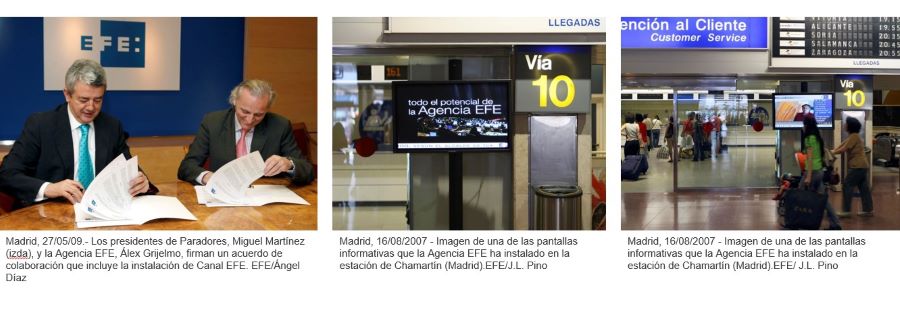 Combo con tres imágenes del Canal EFE. De izqda. a drcha., firma del convenio con Paradores para la instalación del Canal EFE en sus establecimientos; segunda y tercera, imágenes de varias de las pantallas del Canal EFE instaladas en la estación de Chamartín. EFE