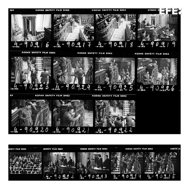 Madrid, 23/02/1981.- Secuencia fotográfica, captada por los fotógrafos de la Agencia Efe, Manuel Pérez Barriopedro y Manuel Hérnandez de León, de la entrada en el Congreso de los Diputados del teniente coronel de la Guardia Civil Antonio Tejero,  durante la votación de la sesión de investidura de Leopoldo Calvo Sotelo como presidente del Gobierno. EFE