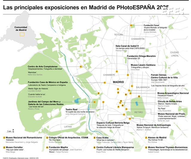 Mapa básico del Madrid de PhotoESPAÑA 2025 y sus exposiciones recomendadas. EFE / Nacional