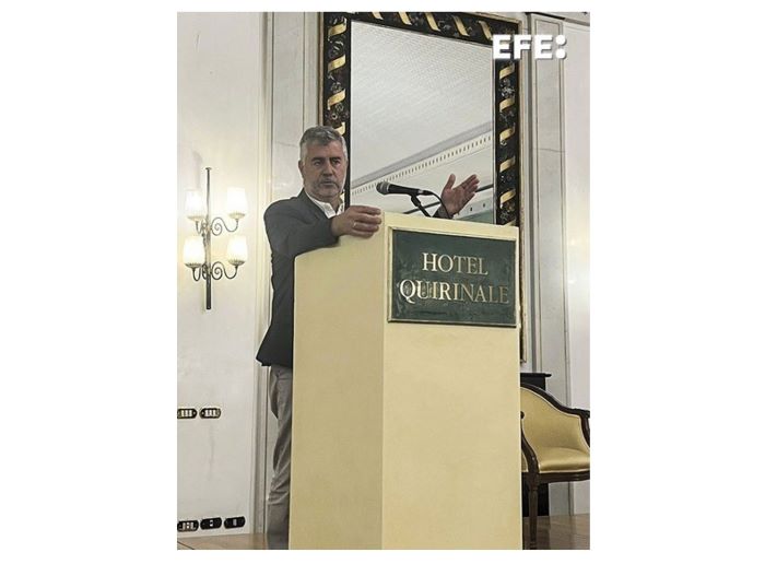 Roma (Italia), 10/10/2025.- El presidente de EFE, Miguel Ángel Oliver, durante su intervención en la 39 Conferencia Internacional Minds (Media Innovation Network). EFE/ Sara Bhagchandani