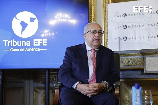Madrid,12/05/2026.- El canciller de Guatemala, Carlos Ramiro Martínez, interviene en una tribuna organizada por la Casa de América en Madrid y la Agencia EFE. EFE/Mariscal